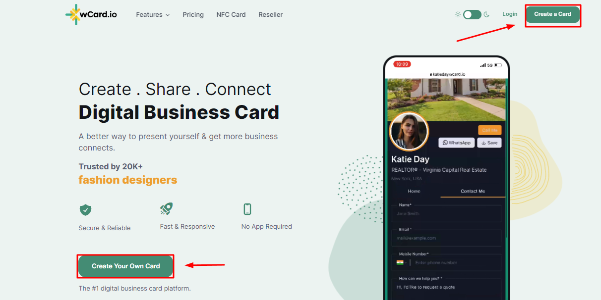 Image highlighting the creating your card option at wcard homepage